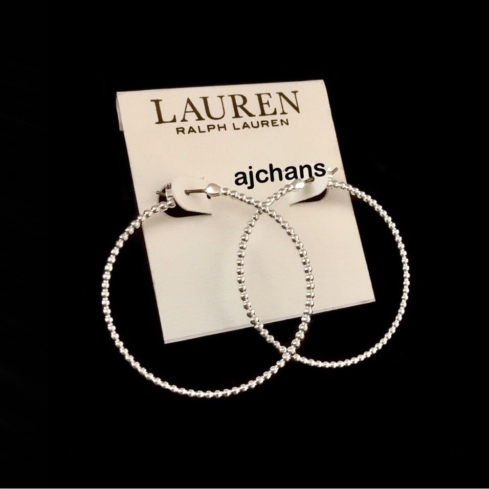 Lauren Ralph Lauren Silver Tone Medium Beaded Hoop Earrings - Picture 2 of 3